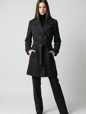 Tahari ASL Navy Y2K Pinstripe Double-Breasted Trench Coat - Knee Length 14